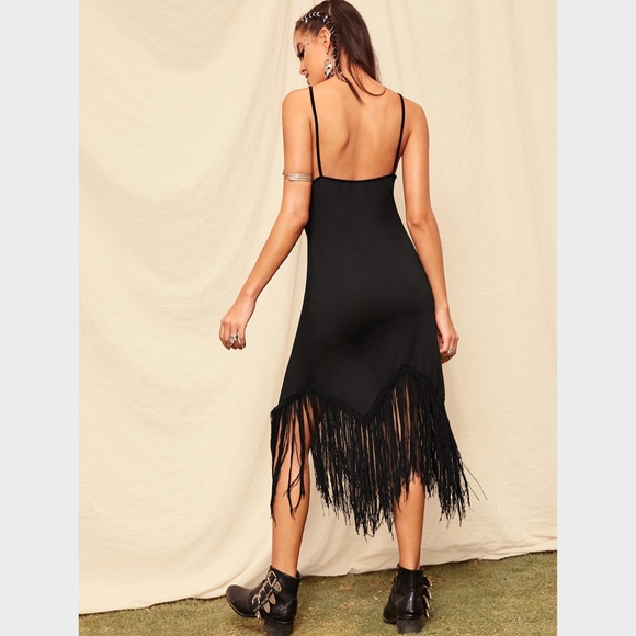 Fringe Detail Black Boho Cami Dress Asymmetrical - Picture 5 of 9